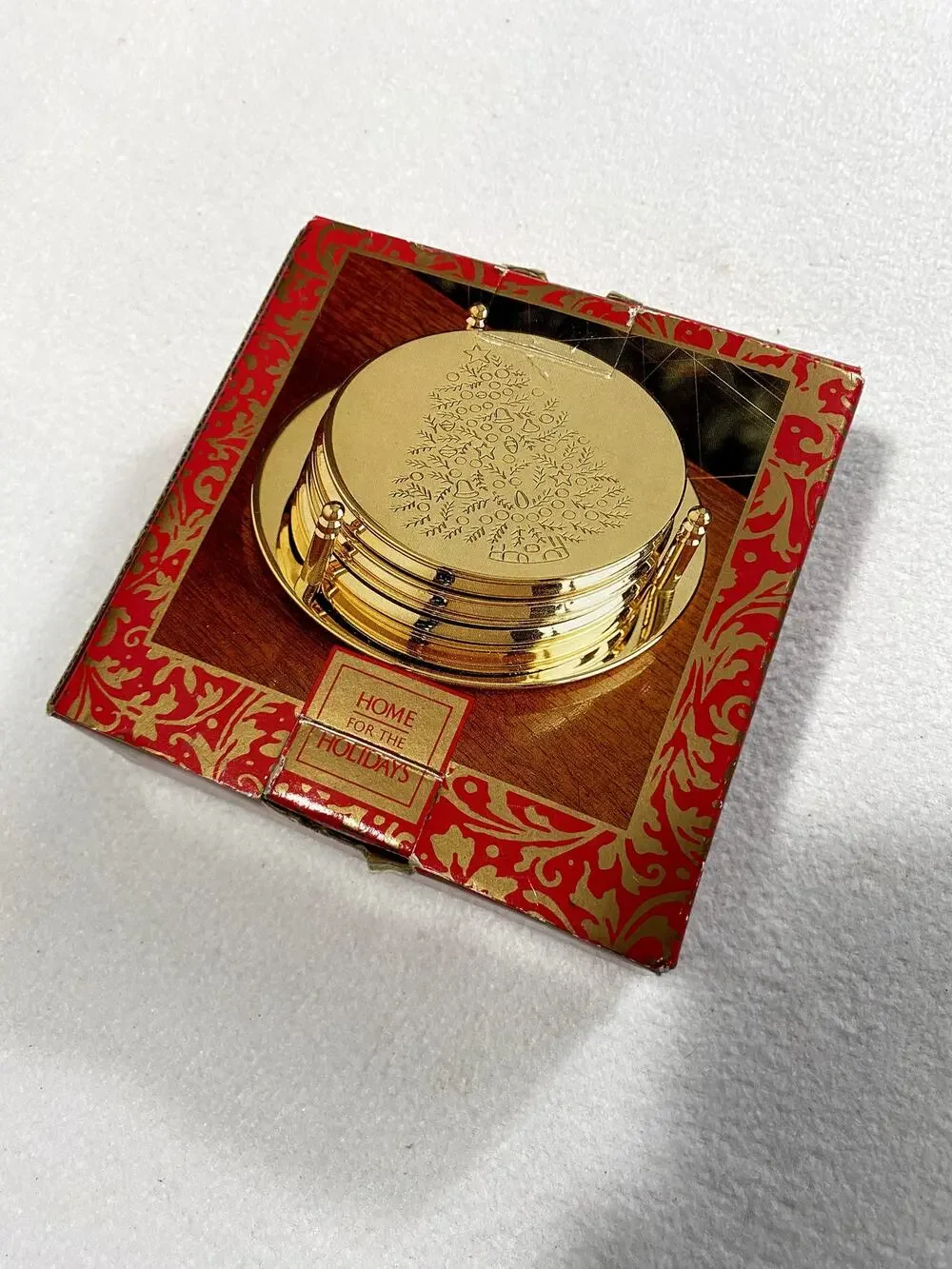 Vintage Home for the Holidays Brass Coasters Set of 6 with Holder Christmas Tree